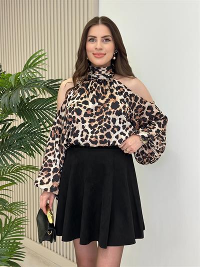 Leopar Desenli Omuz Dekolteli Beli Lastikli Bluz 