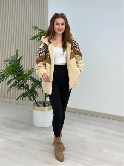Leopar Desenli Tasarım İçi Astarlı Biker Mont