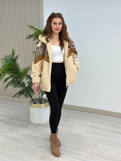 Leopar Desenli Tasarım İçi Astarlı Biker Mont