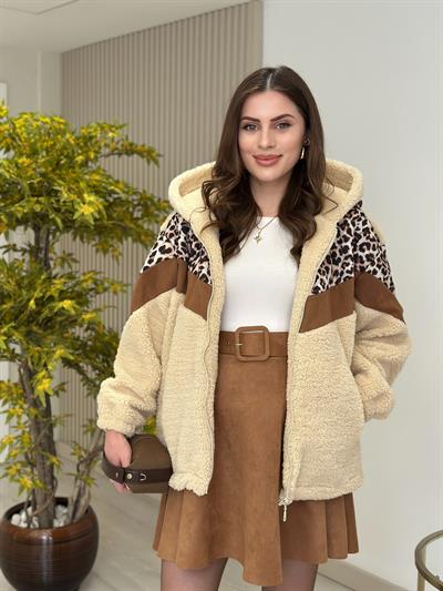 Leopar Desenli Tasarım Teddy Biker Mont 