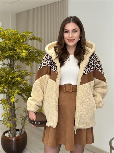 Leopar Desenli Tasarım Teddy Biker Mont 