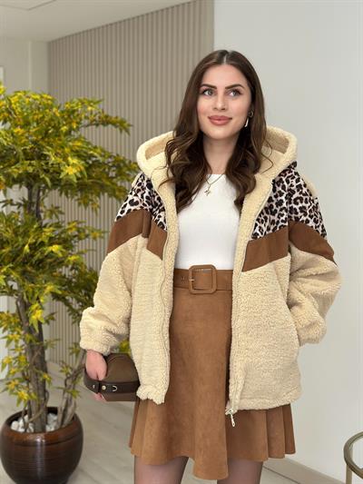 Leopar Desenli Tasarım Teddy Biker Mont 