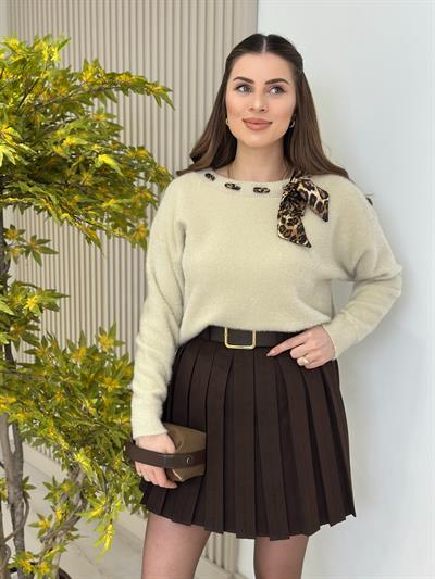 Leopar Fularlı Angora Kazak Bej
