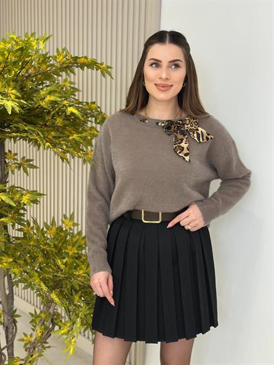 Leopar Fularlı Angora Kazak Kahve