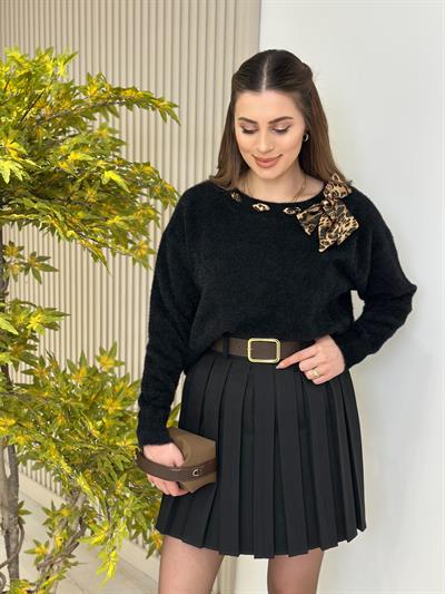 Leopar Fularlı Angora Kazak Siyah