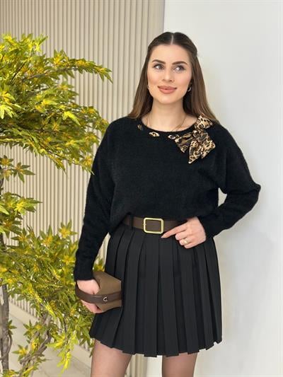 Leopar Fularlı Angora Kazak Siyah