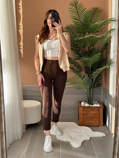 Likralı Çımalı Boru Paça Pantolon Kahverengi