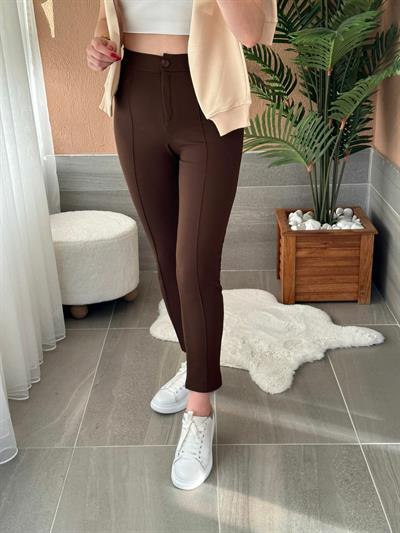 Likralı Çımalı Boru Paça Pantolon Kahverengi