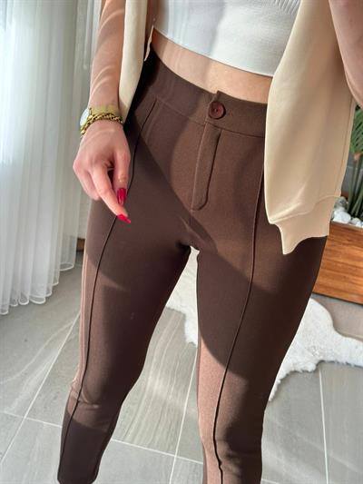 Likralı Çımalı Boru Paça Pantolon Kahverengi