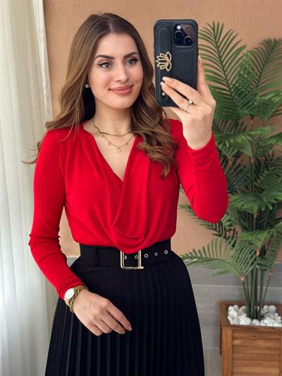 Likralı Degaje Yaka Bodysuit Kırmızı