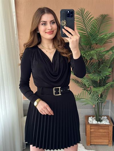 Likralı Degaje Yaka Bodysuit Siyah