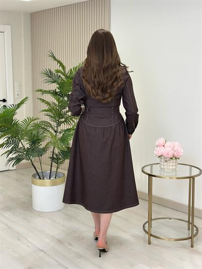 Likralı Jean Kemerli Ceket Yaka Elbise Kahve 