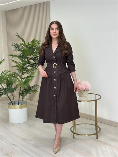 Likralı Jean Kemerli Ceket Yaka Elbise Kahve 