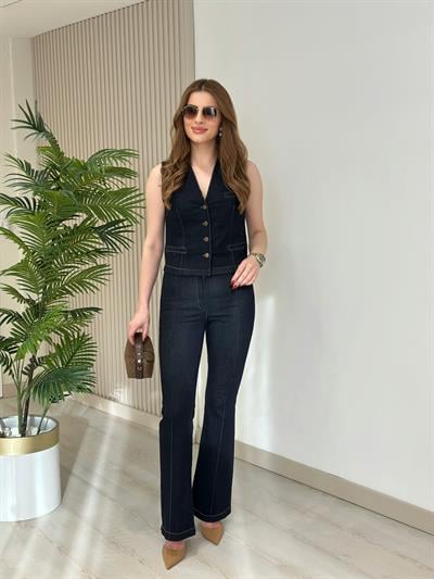 Likralı Jean Yelekli Takım