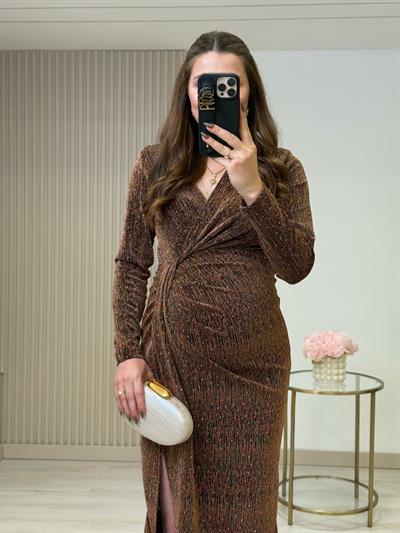 Likralı Taşlı Beli Drapeli Elbise Kahve