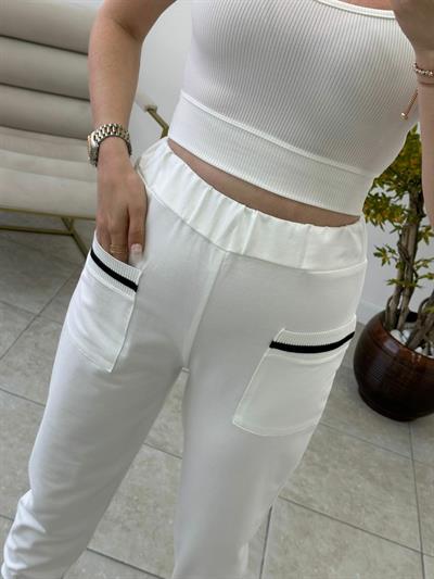 Likralı Yüksek Bel Ribanalı Eşofman Altı Beyaz