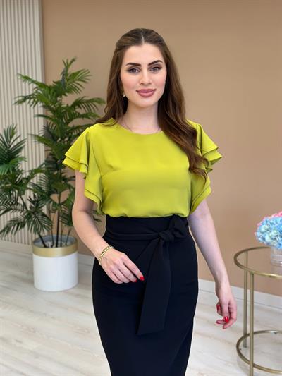 Lüx Kalite Kolları Volanlı Bluz Yağ Yeşili