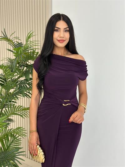 Madonna Yaka Beli Gold Tokalı Sandy Elbise Mor