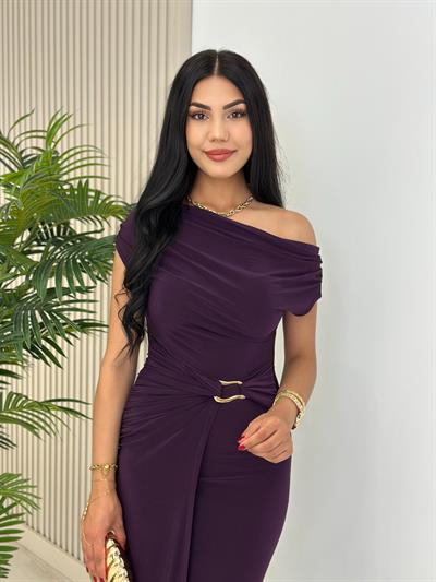 Madonna Yaka Beli Gold Tokalı Sandy Elbise Mor