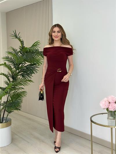 Madonna Yaka Beli Gold Tokalı Sandy Elbise Bordo
