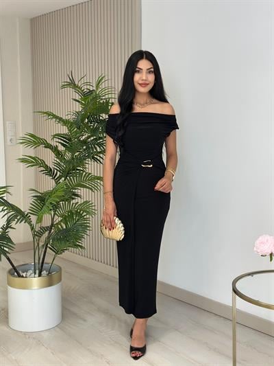 Madonna Yaka Beli Gold Tokalı Sandy Elbise Siyah