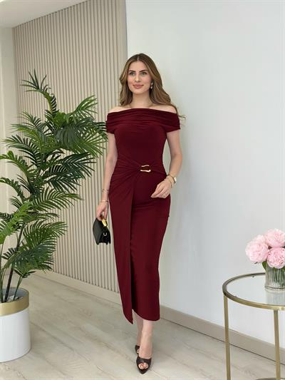 Madonna Yaka Beli Gold Tokalı Sandy Elbise Bordo