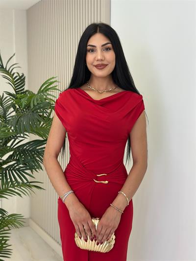 Madonna Yaka Beli Gold Tokalı Sandy Elbise Kırmızı