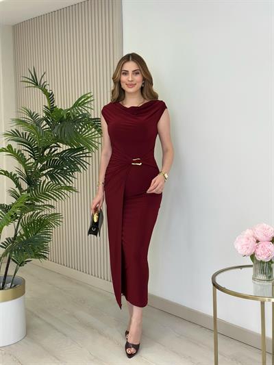 Madonna Yaka Beli Gold Tokalı Sandy Elbise Bordo