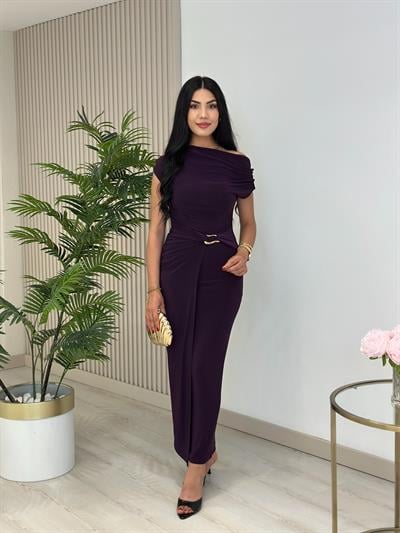 Madonna Yaka Beli Gold Tokalı Sandy Elbise Mor