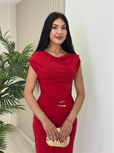 Madonna Yaka Beli Gold Tokalı Sandy Elbise Kırmızı