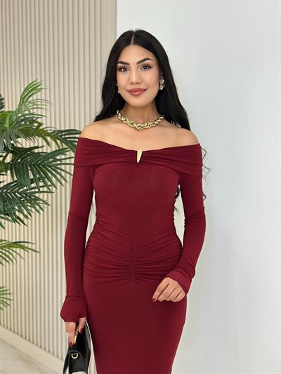 Madonna Yaka Göğsü Gold Tokalı Uzun Kollu Elbise Bordo