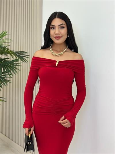 Madonna Yaka Göğsü Gold Tokalı Uzun Kollu Elbise Kırmızı