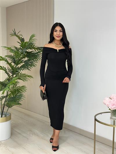 Madonna Yaka Göğsü Gold Tokalı Uzun Kollu Elbise Siyah