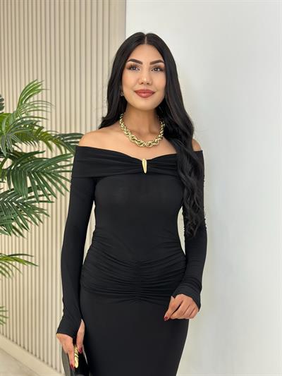 Madonna Yaka Göğsü Gold Tokalı Uzun Kollu Elbise Siyah