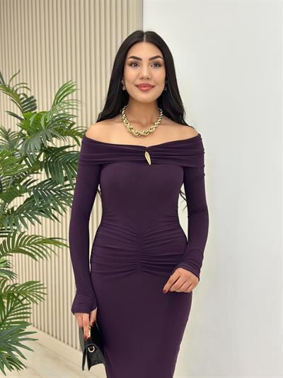 Madonna Yaka Göğsü Gold Tokalı Uzun Kollu Elbise Mor