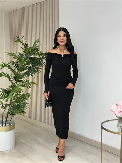 Madonna Yaka Göğsü Gold Tokalı Uzun Kollu Elbise Siyah