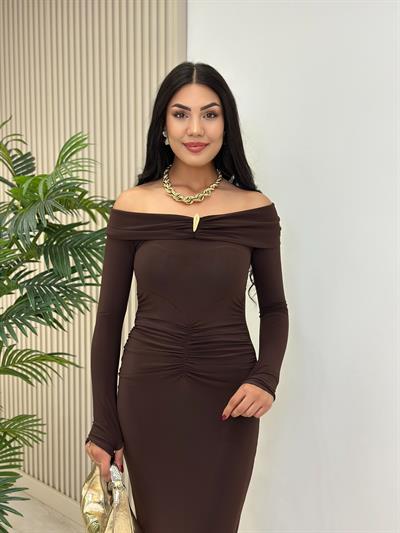 Madonna Yaka Göğsü Gold Tokalı Uzun Kollu Elbise Kahve