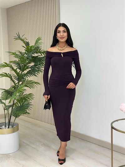 Madonna Yaka Göğsü Gold Tokalı Uzun Kollu Elbise Mor