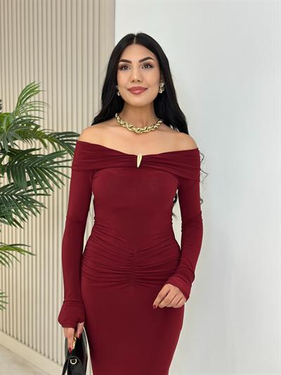 Madonna Yaka Göğsü Gold Tokalı Uzun Kollu Elbise Bordo