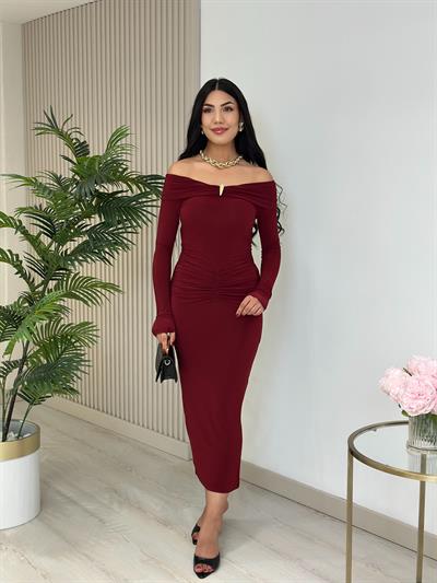 Madonna Yaka Göğsü Gold Tokalı Uzun Kollu Elbise Bordo