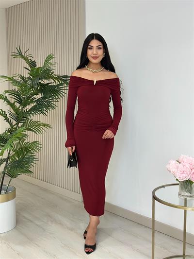 Madonna Yaka Göğsü Gold Tokalı Uzun Kollu Elbise Bordo