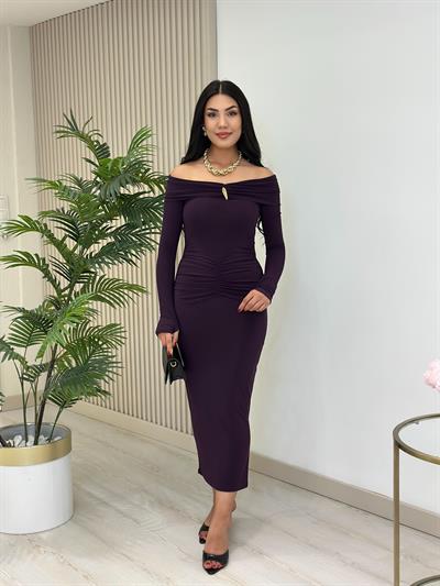 Madonna Yaka Göğsü Gold Tokalı Uzun Kollu Elbise Mor