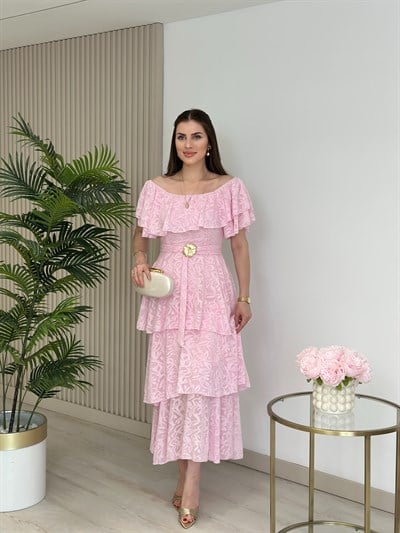 Madonna Yaka Kat Kat Brode Elbise Pembe