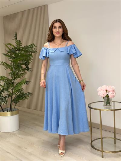 Madonna Yaka Kolları Volanlı Elbise Mavi