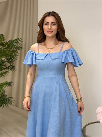 Madonna Yaka Kolları Volanlı Elbise Mavi