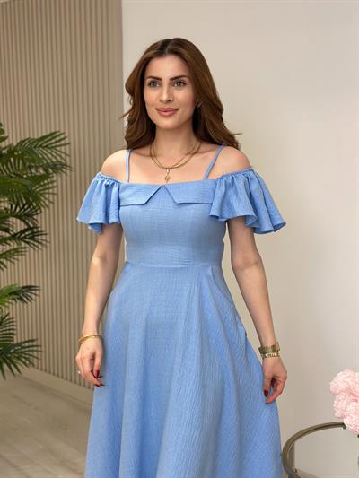 Madonna Yaka Kolları Volanlı Elbise Mavi