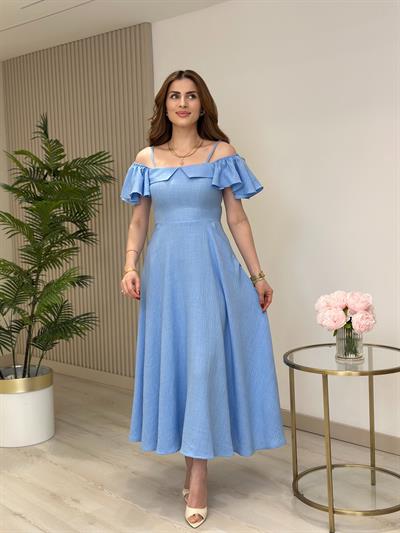 Madonna Yaka Kolları Volanlı Elbise Mavi