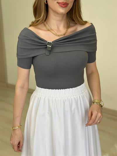 Madonna Yaka Modal Kumaş Tshirt Antrasit