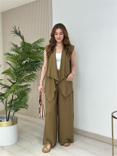 Marka Muadili Keten Asimetrik Yaka Paçası Yırtmaçlı Takım Haki