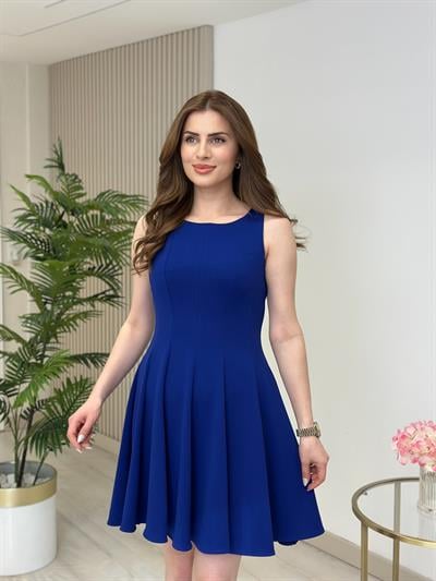 Marka Muadili Sıfır Kol Likralı Elbise Mavi